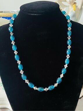 Vintage Teal Blue Murano Style Glass Bead Necklace